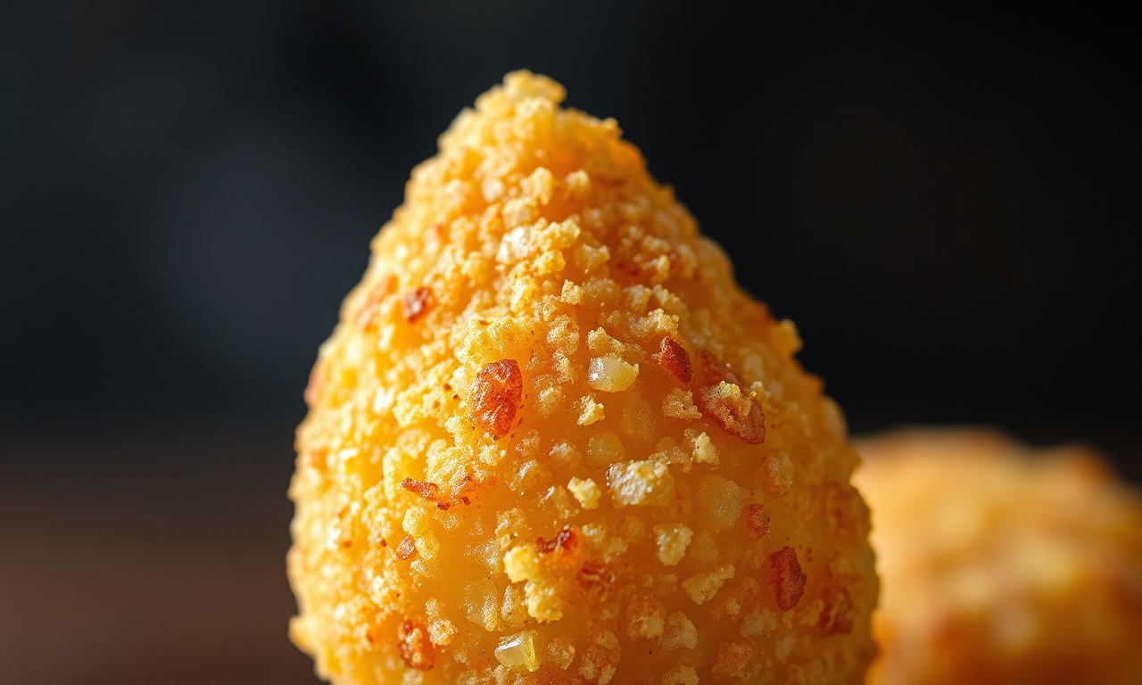 Close-up da textura da casquinha crocante e do bico da coxinha.