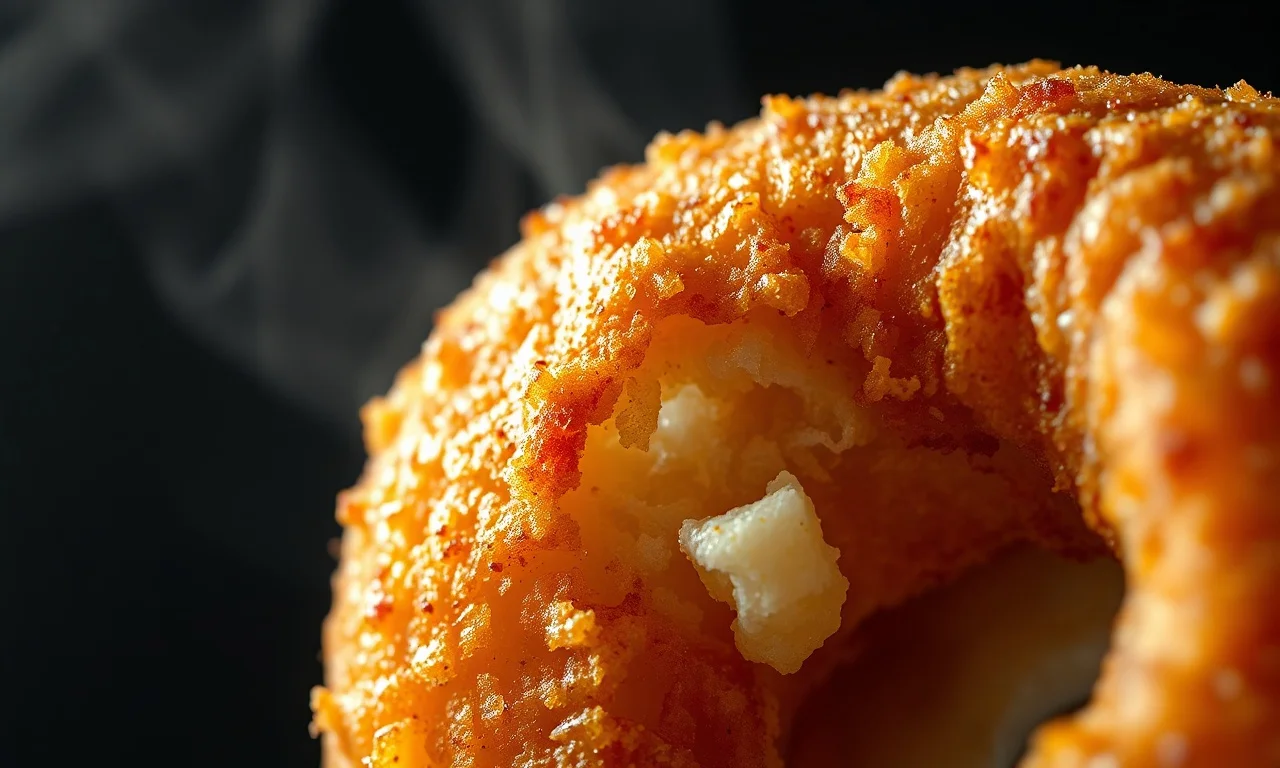 Close-up da textura macia e da casca dourada do donut.