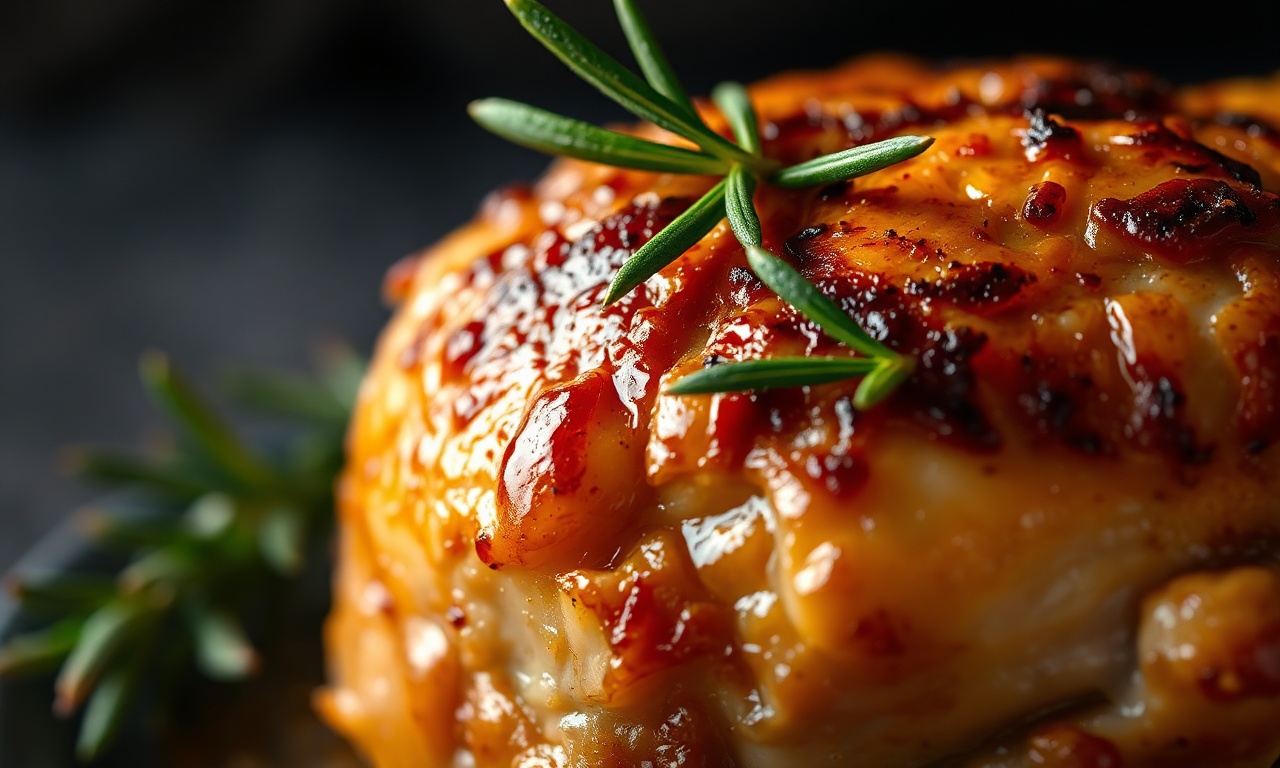 Close-up da pele crocante e dourada de um pedaço de frango assado, com suco escapando, pronto para ser servido.