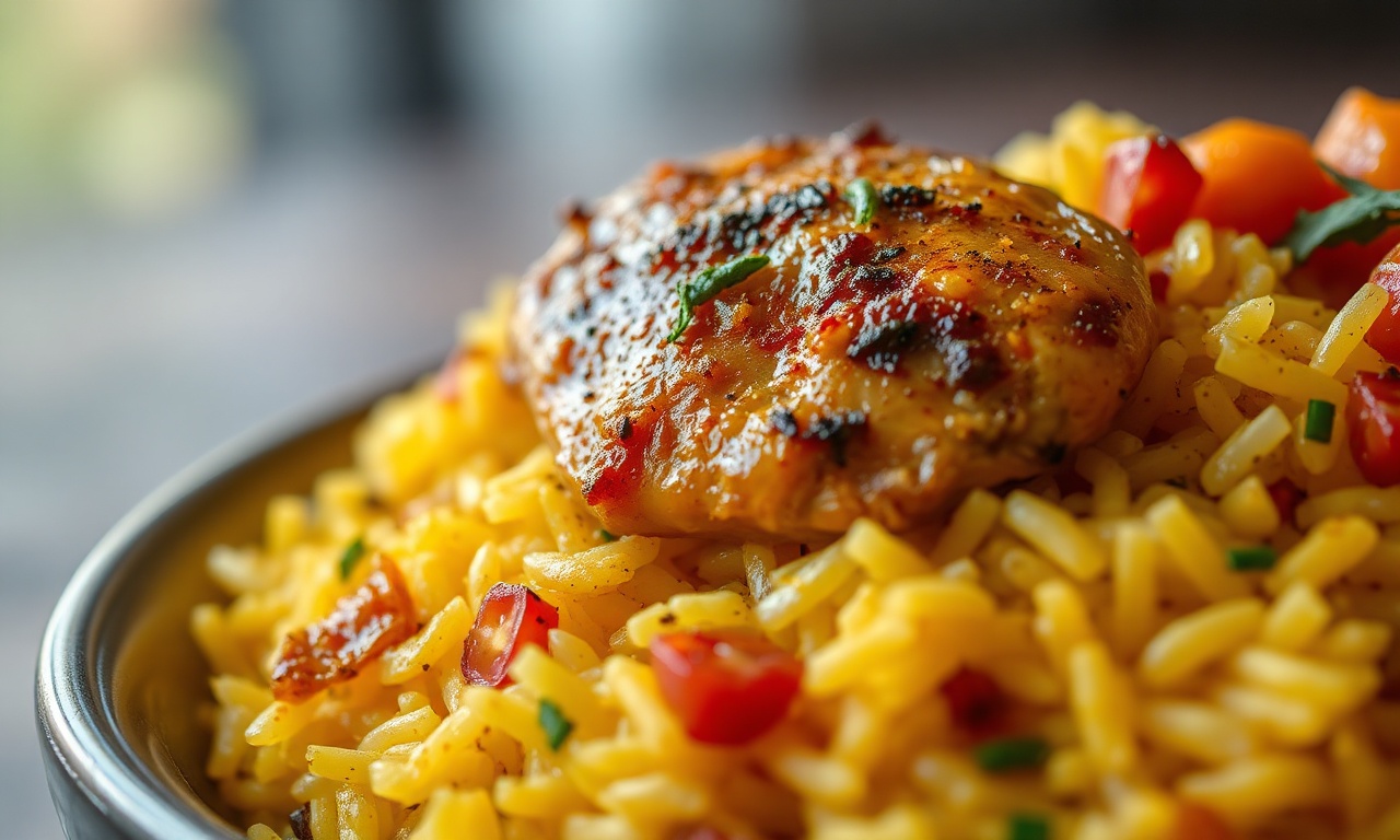 Close-up da textura do arroz e do frango finalizados