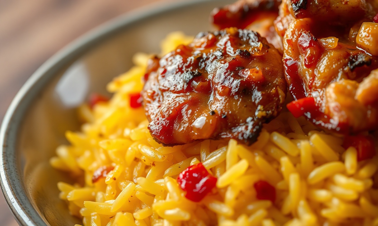 Close-up da textura do arroz soltinho com frango