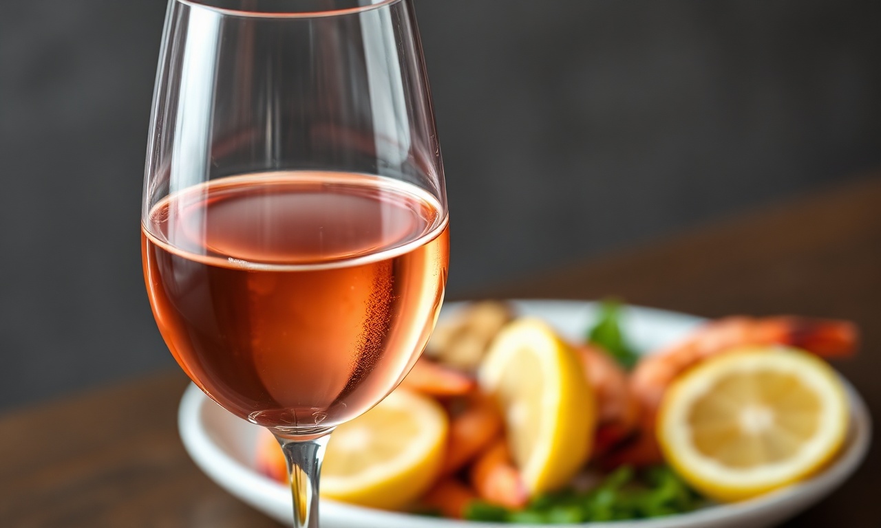 Close-up da taça de rosé sendo acompanhada por um prato de camarões grelhados, mostrando a combinação ideal.