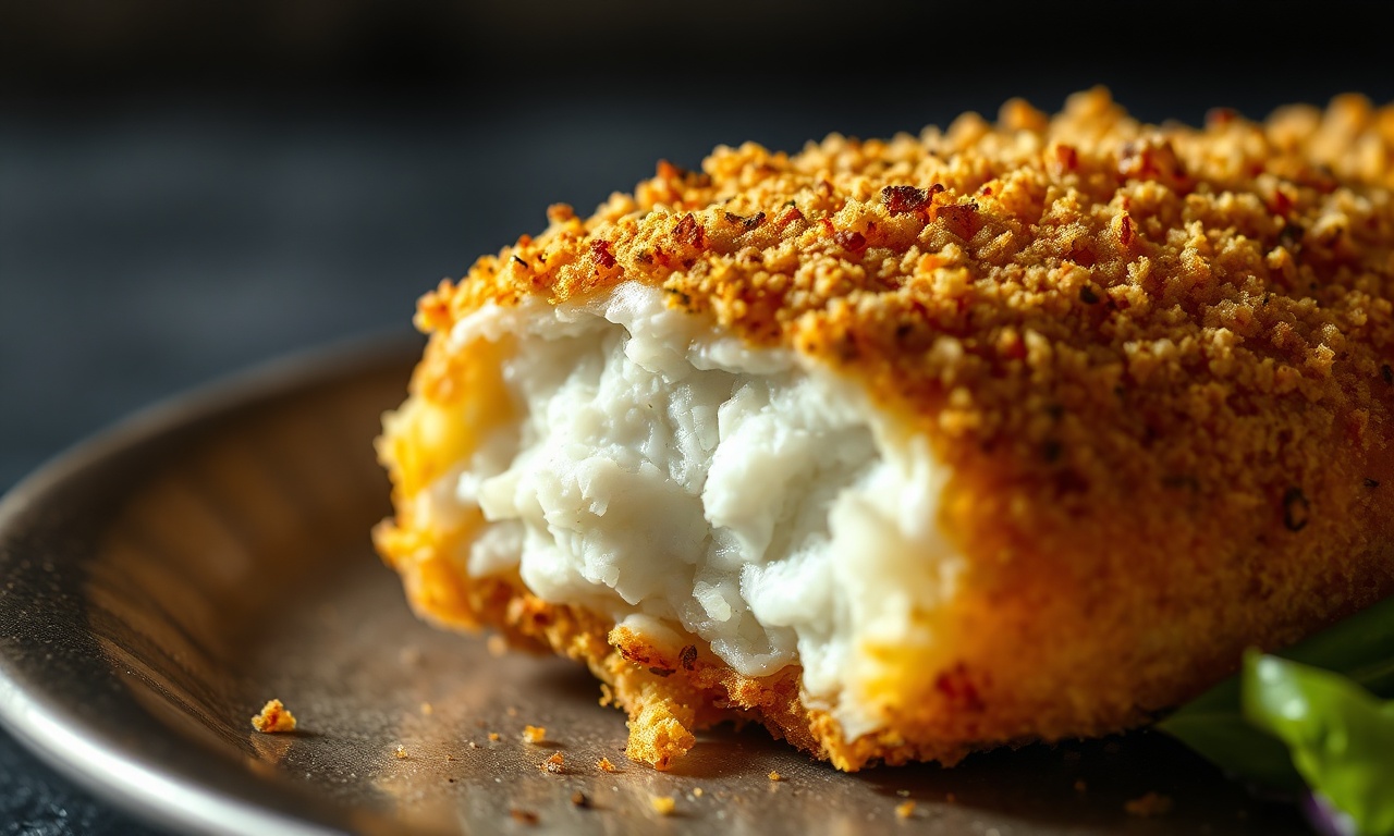 Linguado Empanado Com Panko: Fofinho Por Dentro, Crocante Por Fora 6 Close-up da textura crocante da panko e do interior macio do peixe.
