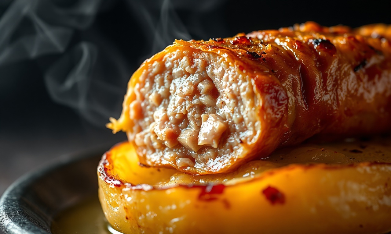 Linguiça Toscano Com Batata Assada: Fofa Por Dentro E Crocante 6 Close-up da textura do prato finalizado