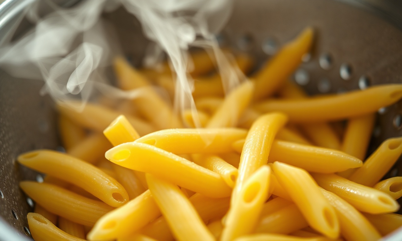 Close-up da textura do macarrão penne cozido, firme e brilhante.