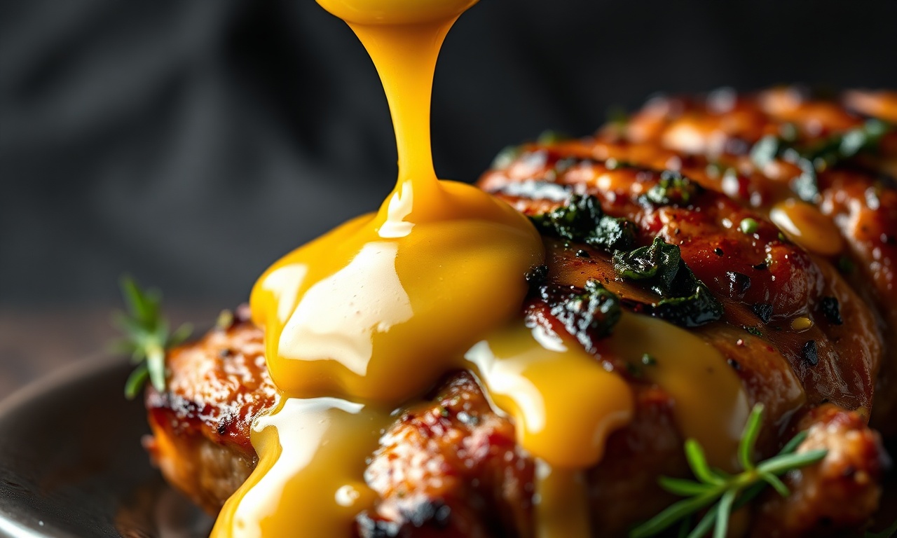 Molho Para Picanha Suína: 6 Receitas Fáceis E Saborosas 5 Close-up do molho cremoso de mostarda e mel sendo despejado sobre fatia de picanha suína.