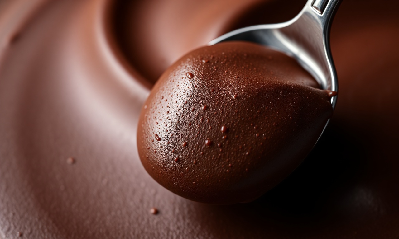 Close-up da textura sedosa e cremosa da mousse, mostrando a consistência perfeita.