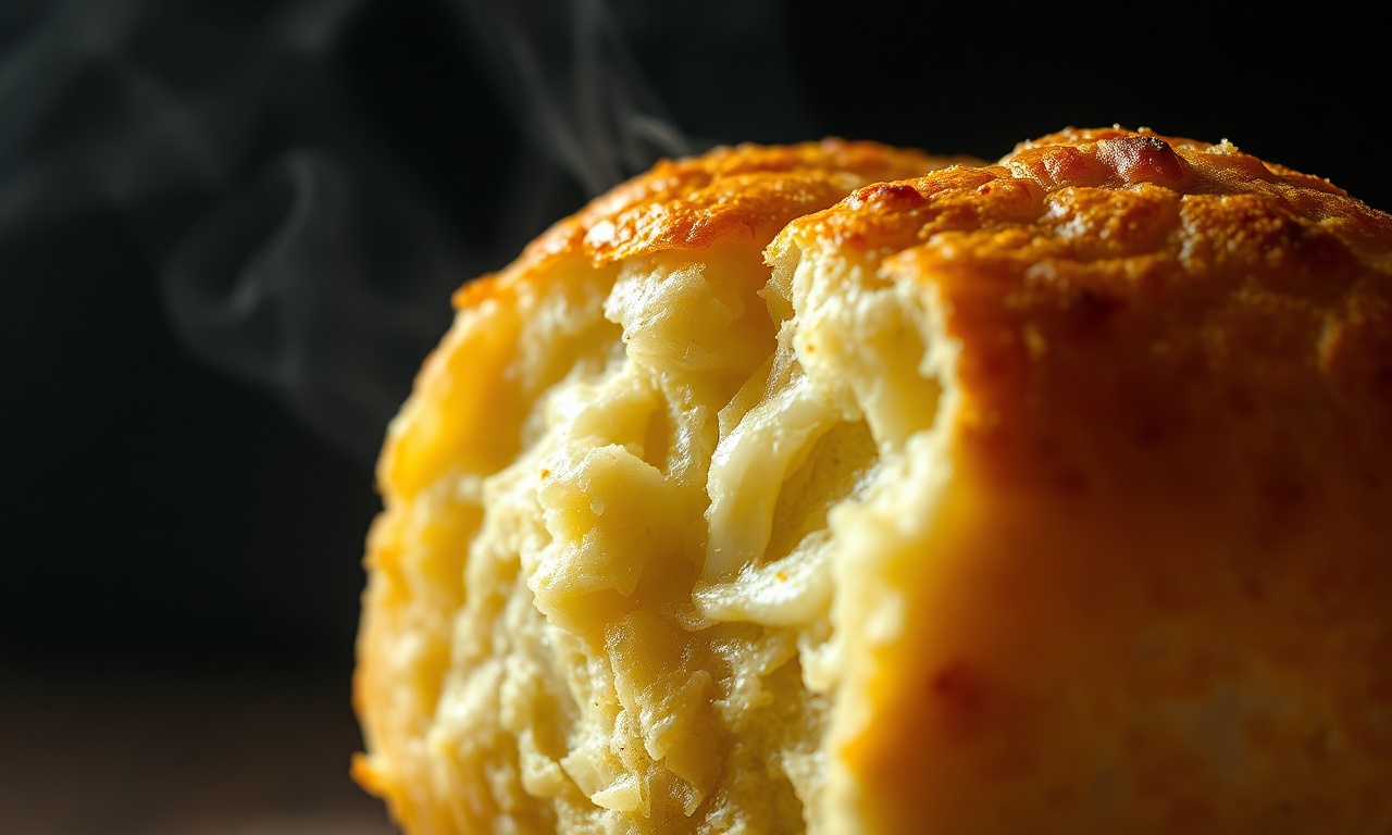 Close-up da textura puxa-puxa do interior do pão de queijo.