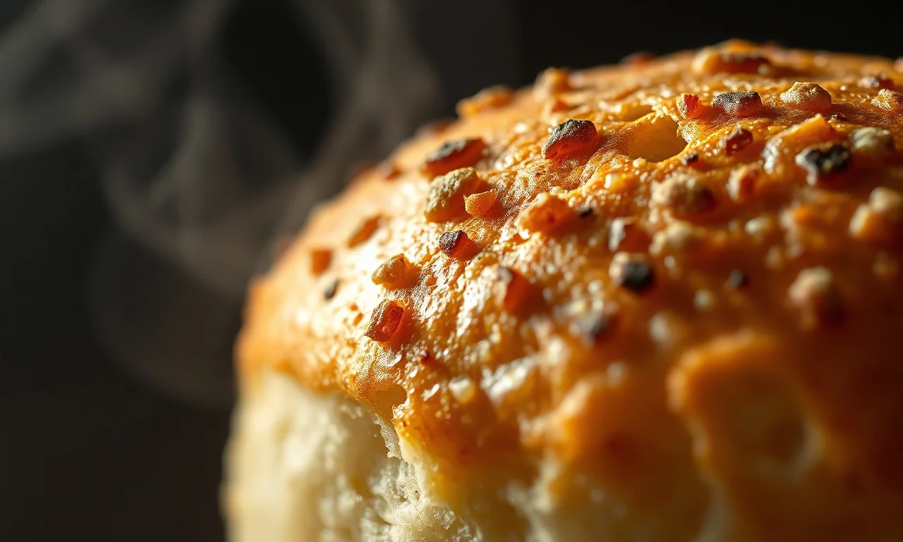 Close-up da casca crocante e miolo úmido do pão de queijo
