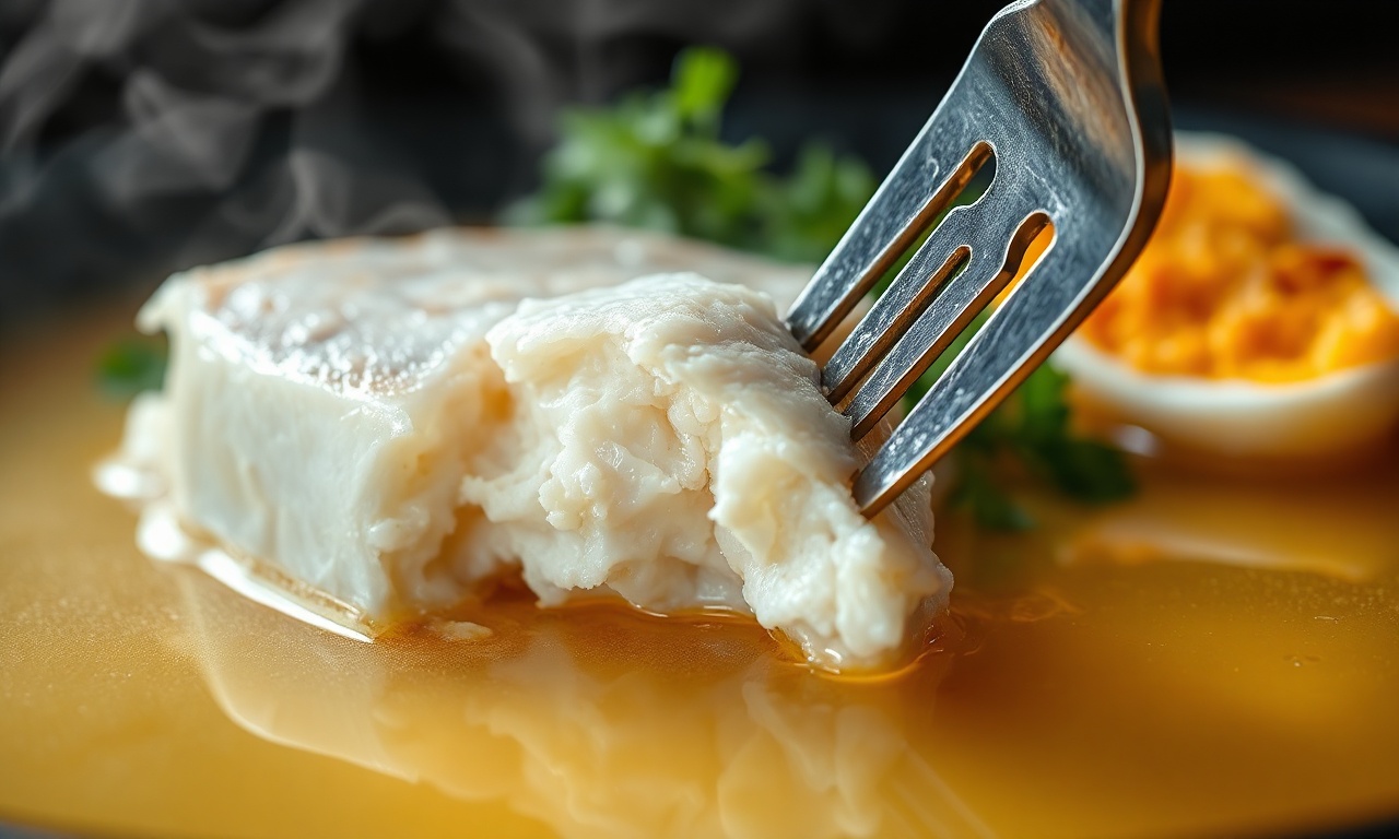 Peixe Cozido Com Ovo: Receita Fácil E Reconfortante 5 Close-up da textura do peixe cozido e do caldo.