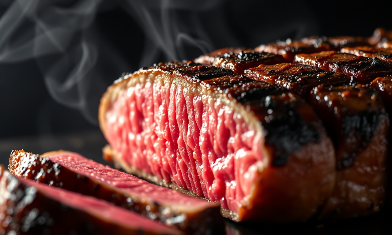 Close-up de uma picanha fatiada, mostrando o ponto perfeito e a suculência.