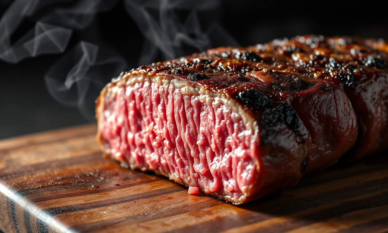 Close-up da textura de uma picanha fatiada mostrando interior rosado e crosta caramelizada.