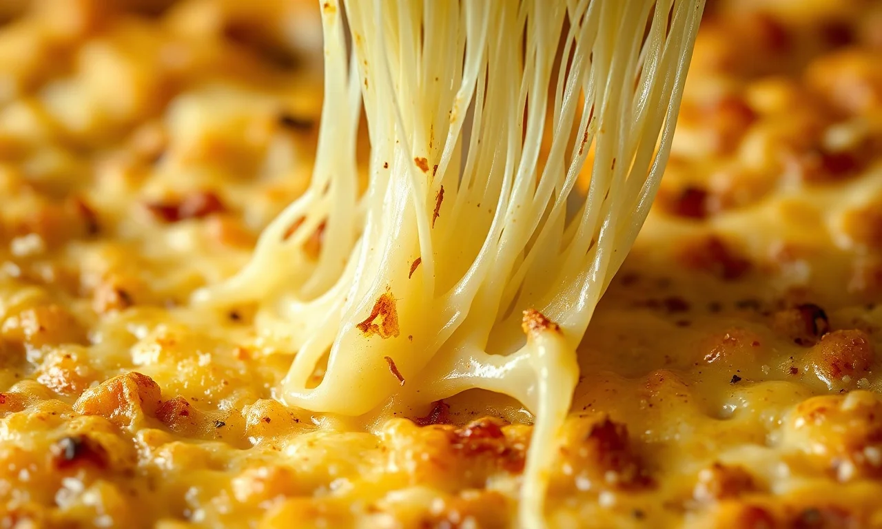 Close-up da textura crocante e dourada do queijo gratinado.
