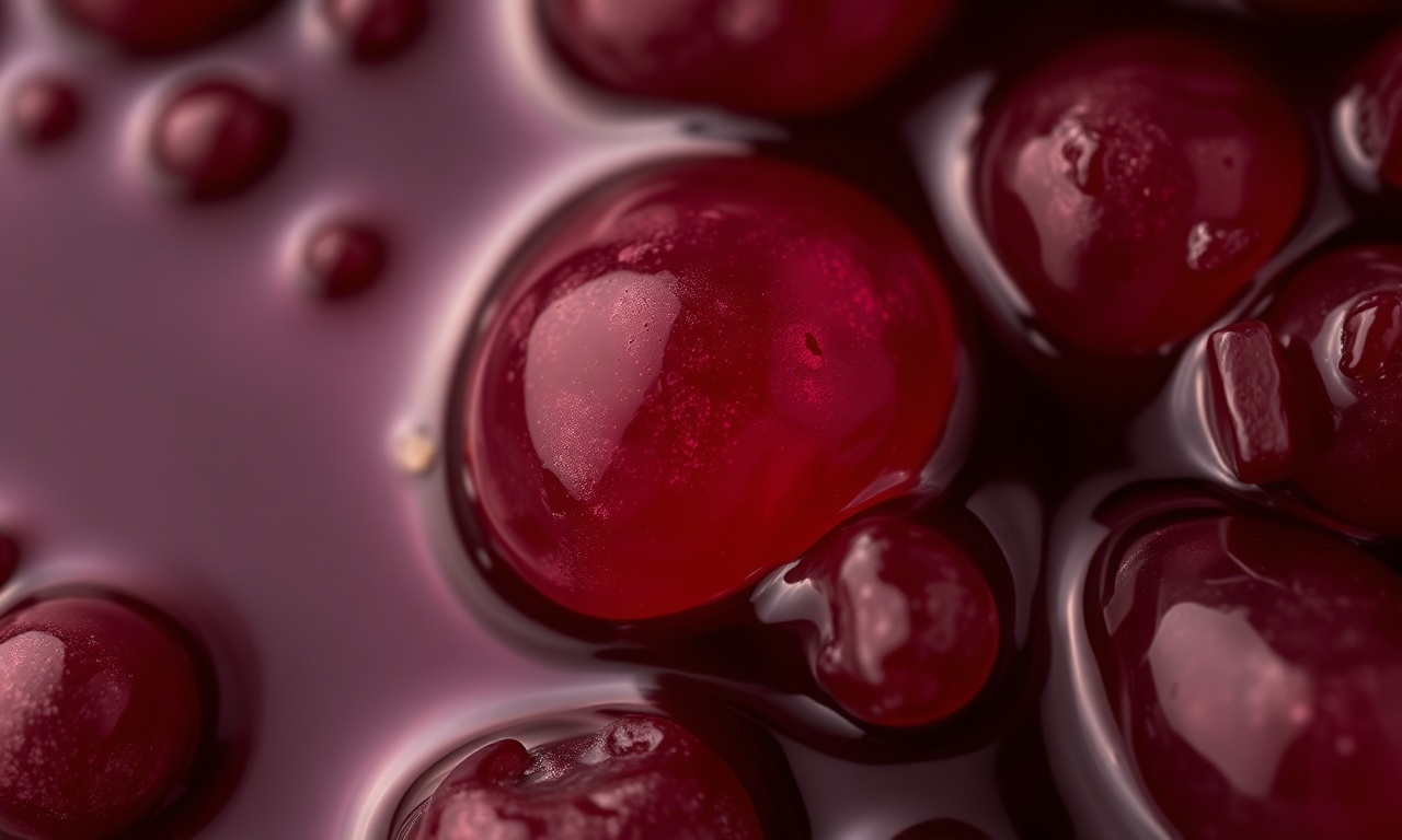 Close-up dos grãos translúcidos vermelho-escuros mergulhados no caldo encorpado