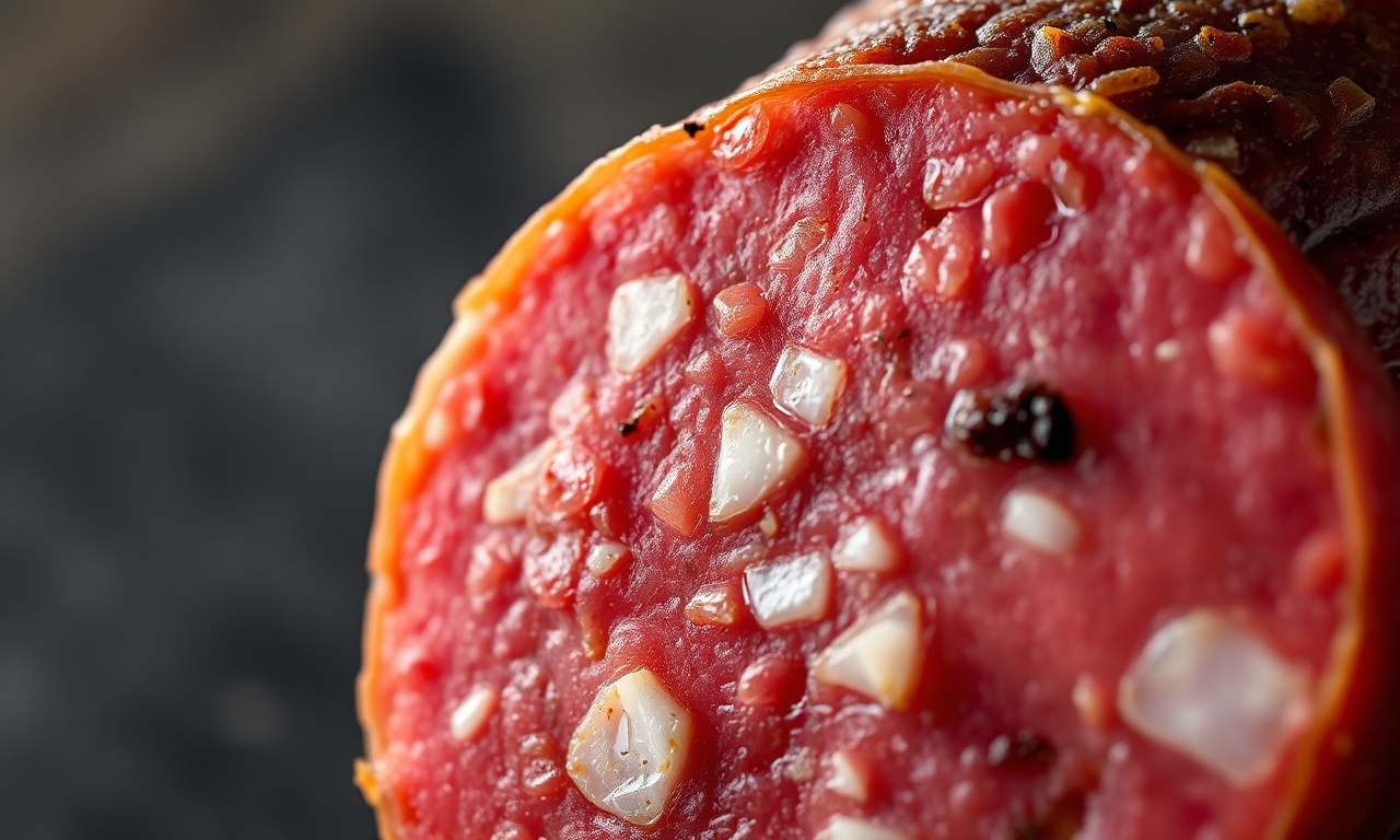 Close-up da textura firme e dos pontos de gordura do salame fatiado.