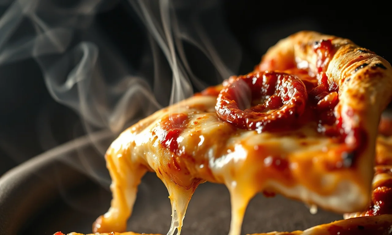 Close-up da textura crocante de uma pizza ou fritura após ser requentada.
