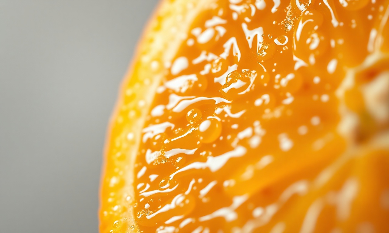 Close-up da textura do suco de laranja recém-espremido com gominhos.