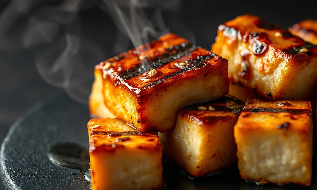 Close-up da textura crocante e dourada do tofu grelhado com a marinada caramelizada.