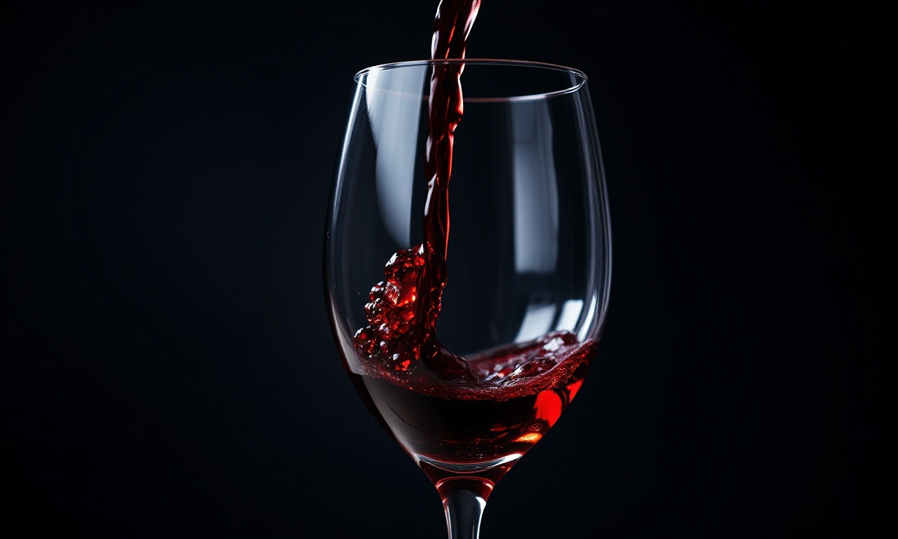 Close-up da cor e textura de um vinho tinto sendo servido em uma taça.