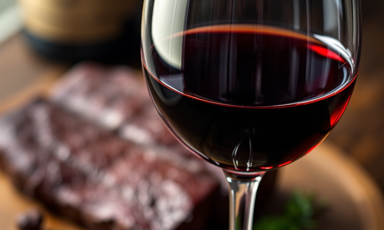 Close-up da taça de vinho tinto e o prato que harmoniza perfeitamente com ele.