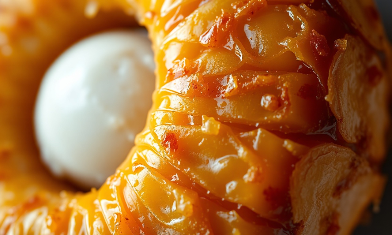Abacaxi Caramelizado Com Creme Gelado De Coco: Pronto Em 30 Min 5 Close-up da textura crocante do caramelo no abacaxi e do creme gelado aerado.