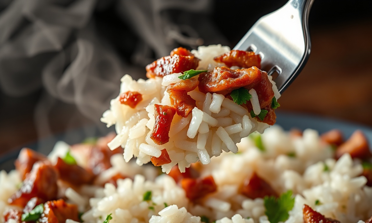 Close-up da textura soltinha do arroz com pedaços de charque.