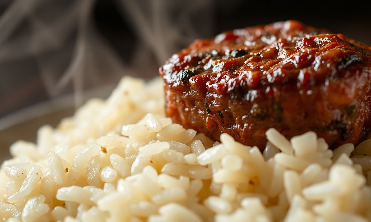 Close-up da textura perfeita dos grãos soltos e da carne macia.