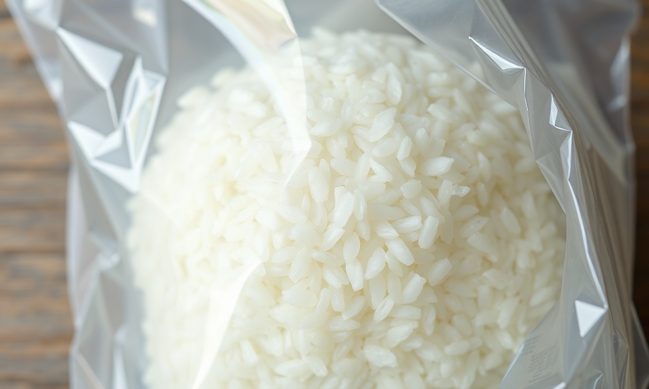 Close-up de uma porção de arroz dentro de um saco ziplock, achatado e pronto para o freezer.
