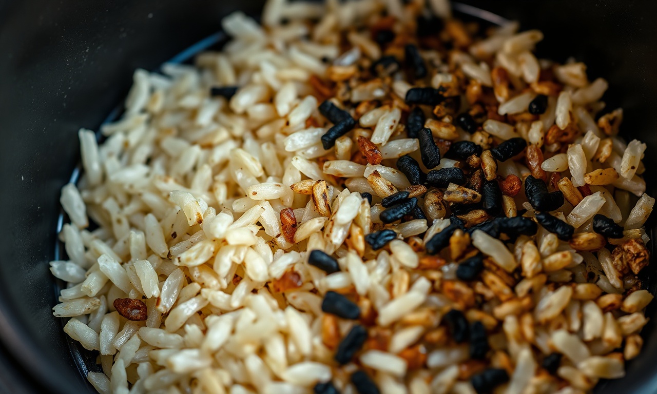 Arroz Na Airfryer: Por Que Você Nunca Deve Cozinhar Cru 5 Close-up dos grãos de arroz duros e parcialmente queimados após a tentativa frustrada.