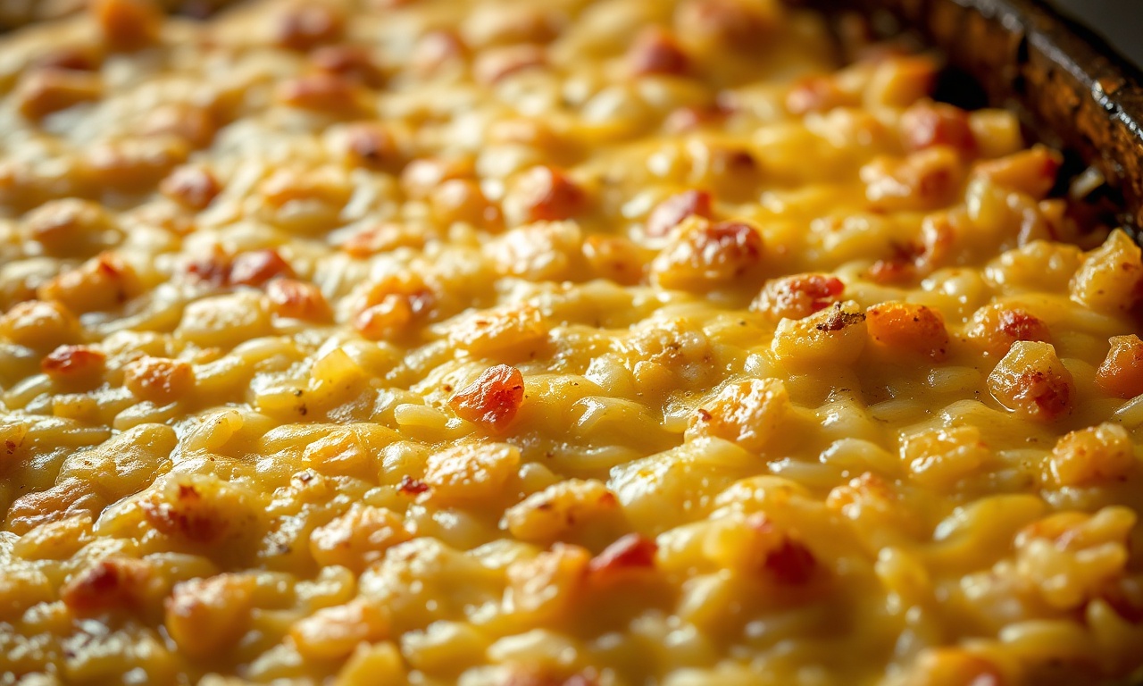 Close-up da superfície dourada e crocante do arroz de forno, com a casquinha de queijo gratinado borbulhante e lascas douradas visíveis.