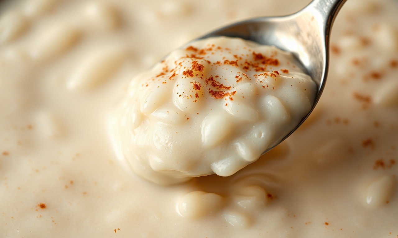 Close-up da textura cremosa e aveludada do arroz doce pronto.