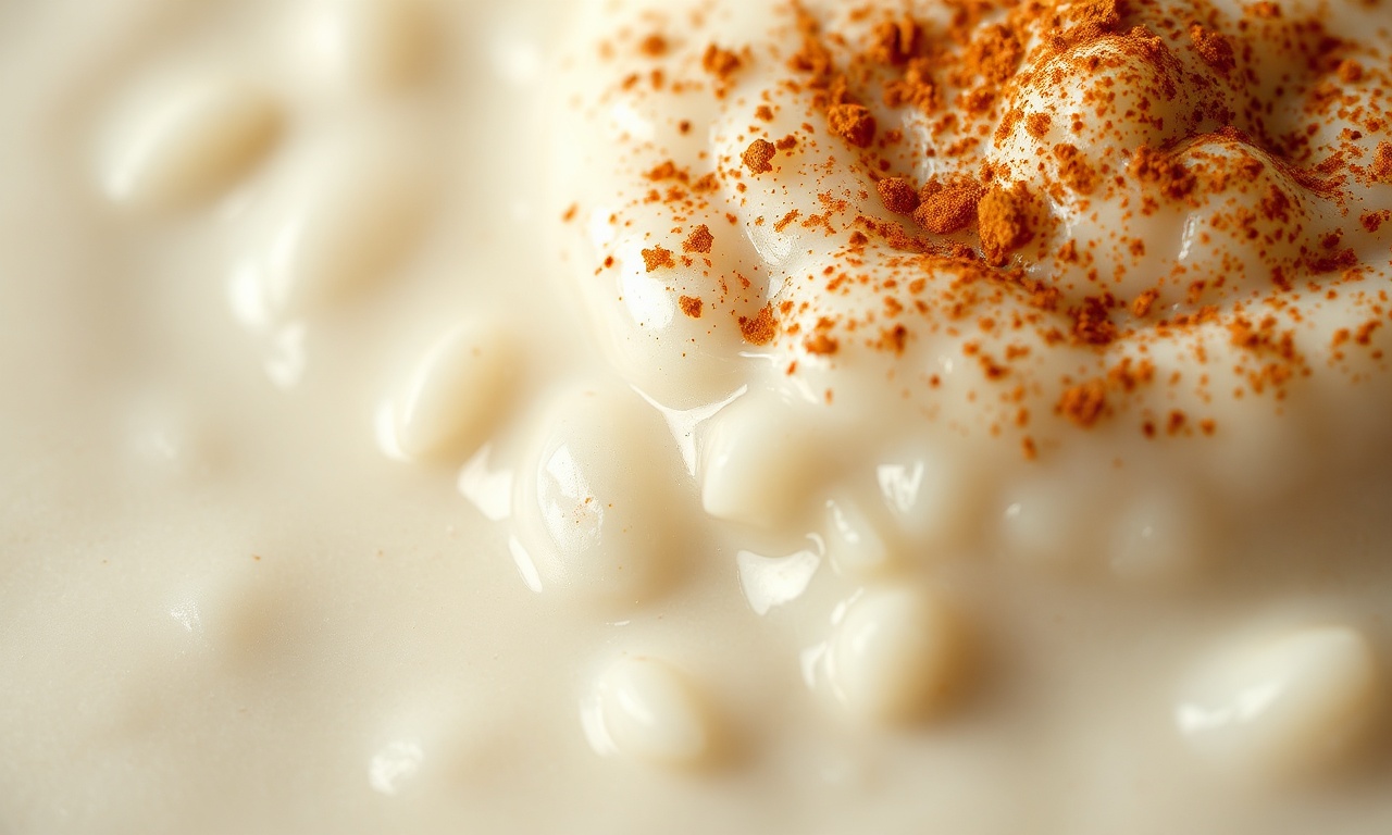 Close-up da textura cremosa e dos grãos macios do arroz doce