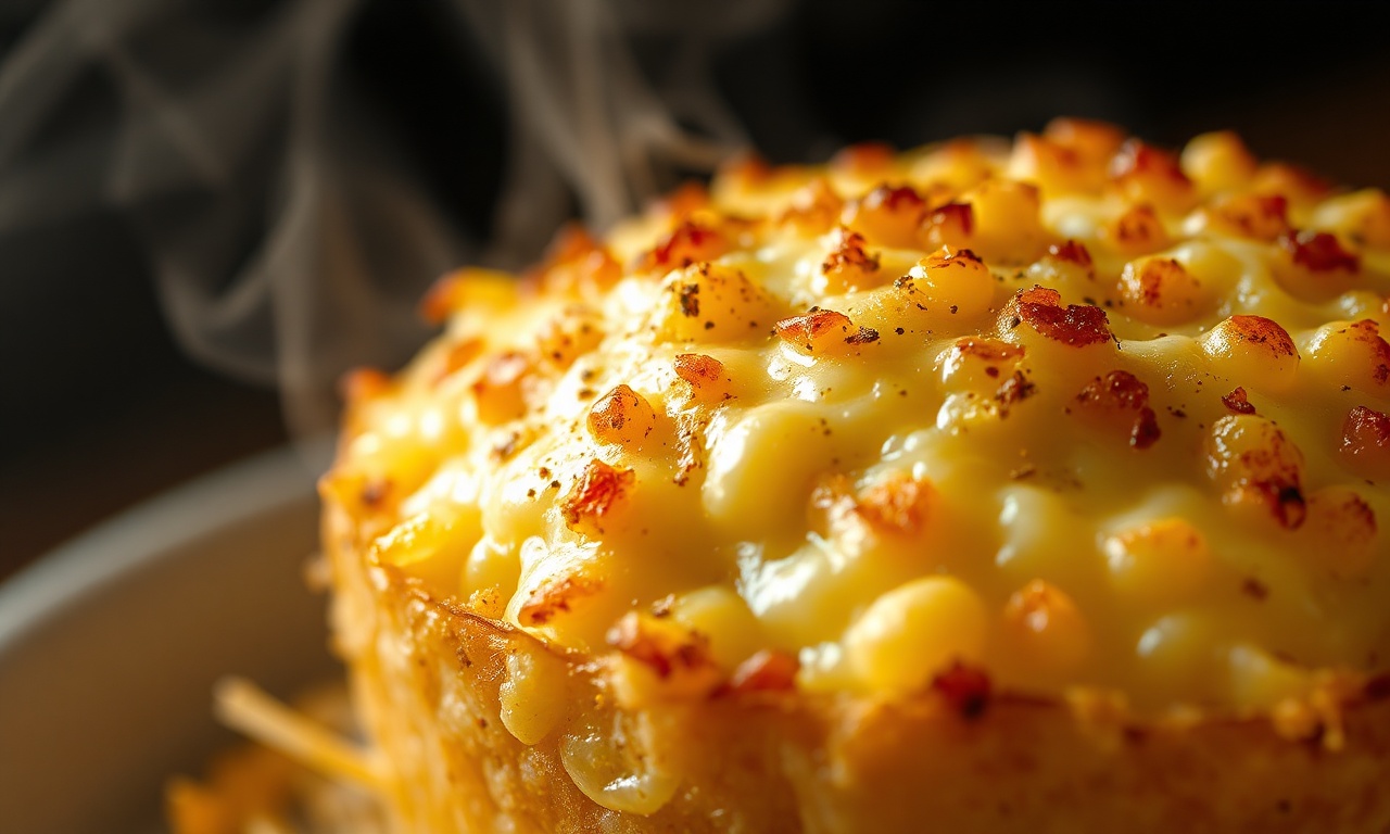 Close-up da crosta dourada de queijo gratinado.
