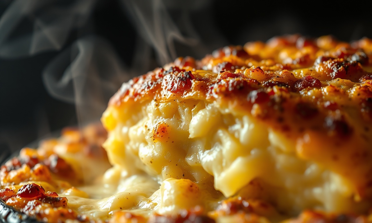 Close-up da crosta dourada do bacalhau gratinado.