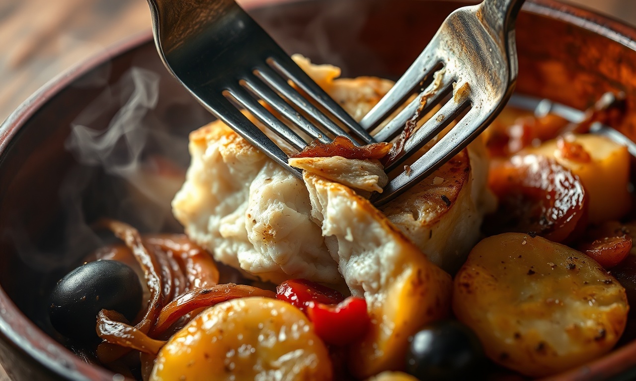 Close-up da textura do bacalhau em lascas soltando camadas, com batatas macias e cebola caramelizada.