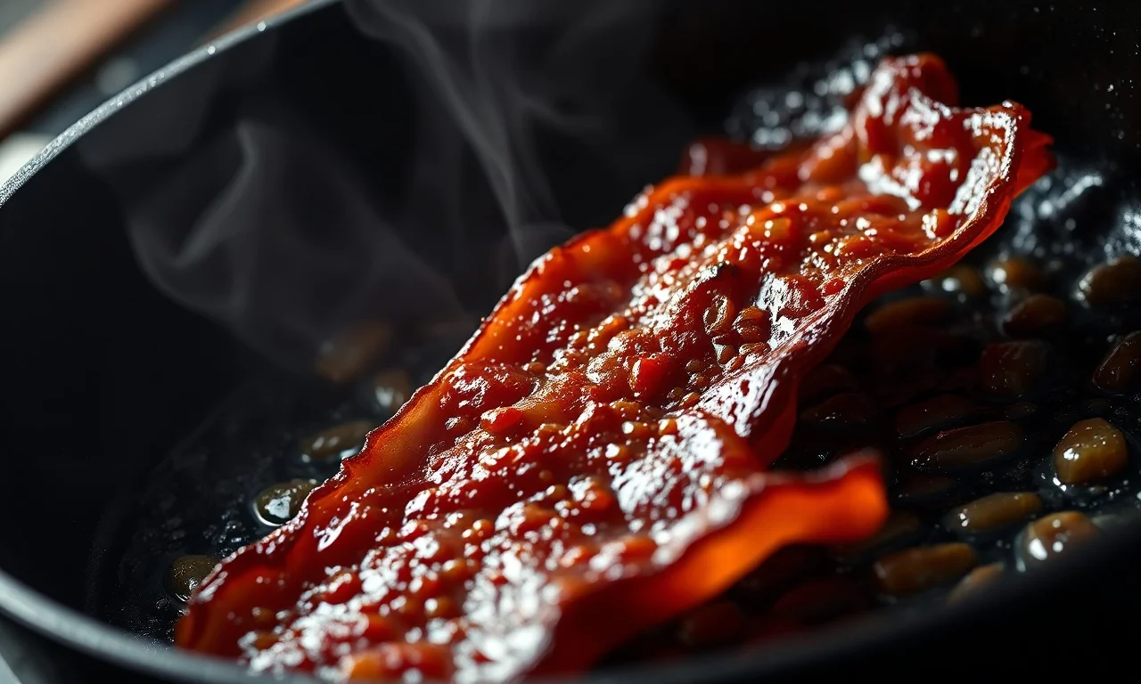 Close-up da textura defumada e crocante do bacon fatiado