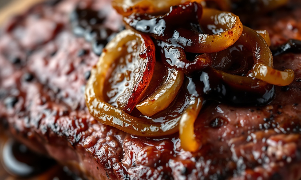 Close-up da crosta dourada do bife coberto por cebola brilhante e molho encorpado