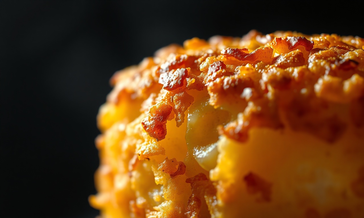 Close-up da textura crocante e dourada do bolinho.