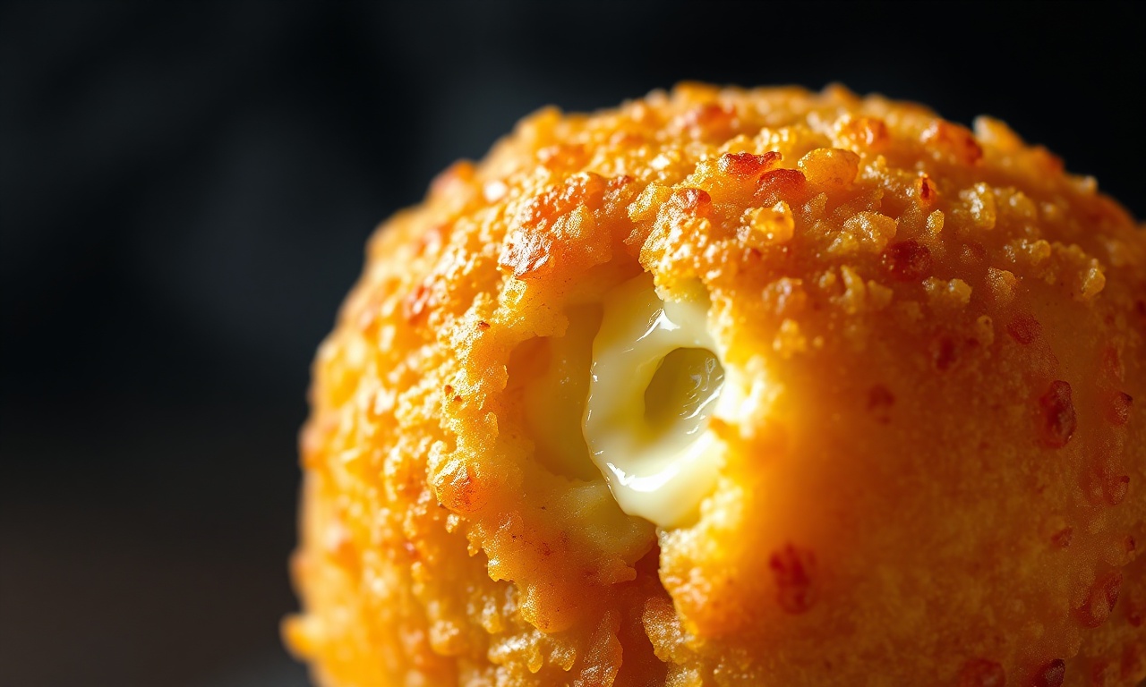 Close-up da textura crocante e do interior cremoso de um bolinho de mandioca.