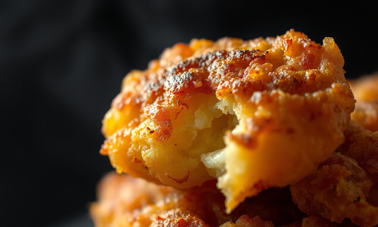 Close-up da textura crocante e dourada do bolinho.