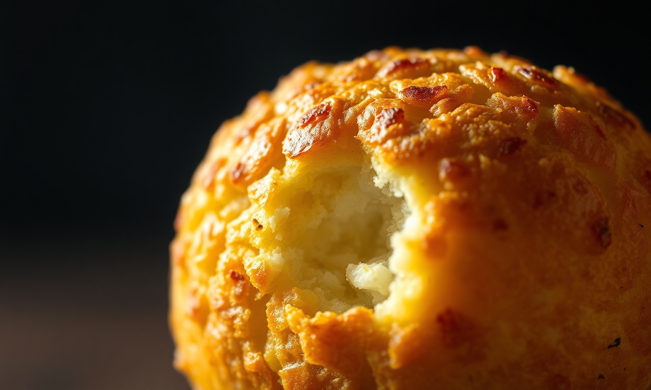 Close-up da textura crocante e oca do bolinho assado.