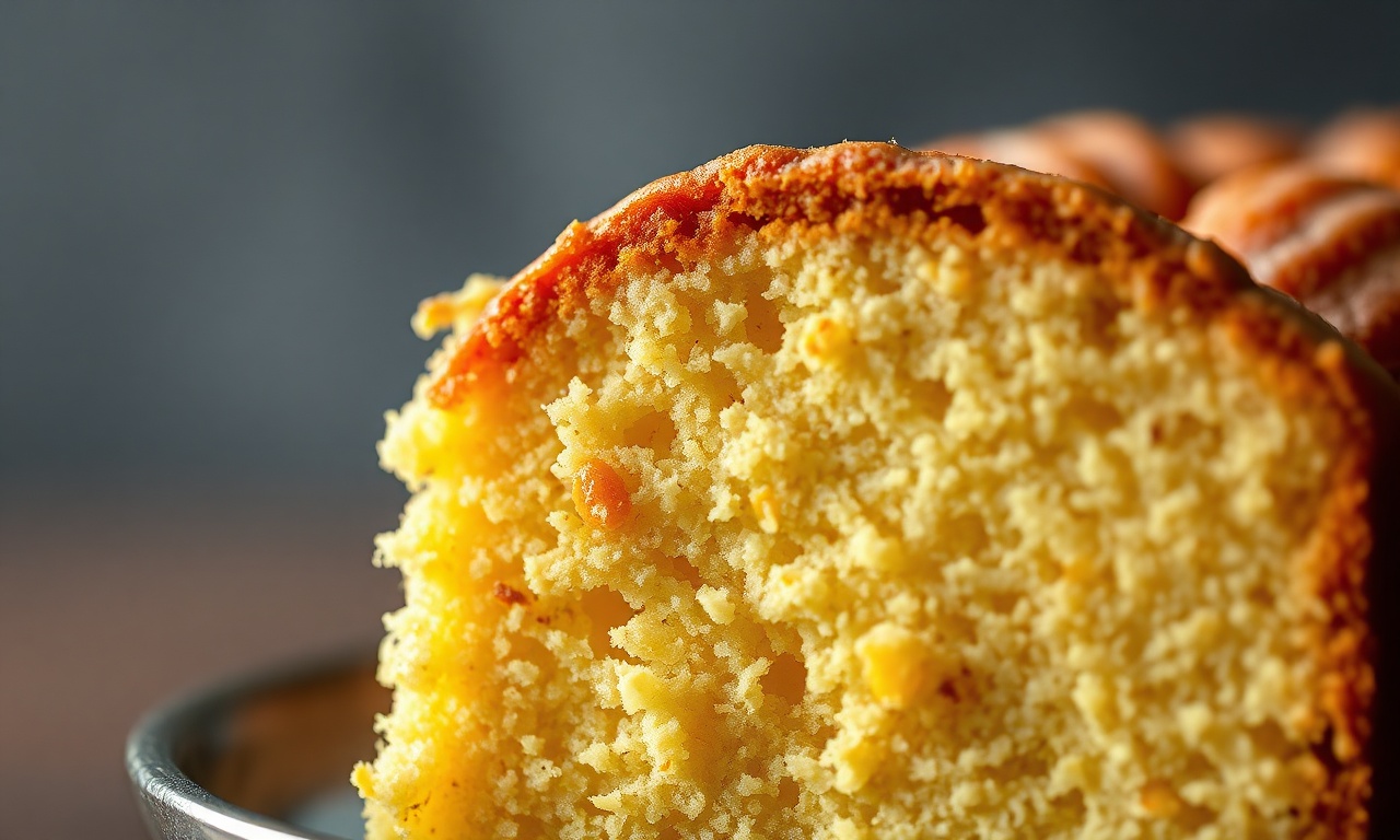 Close-up da textura macia e úmida do bolo, com pedaços de raspas de laranja visíveis.