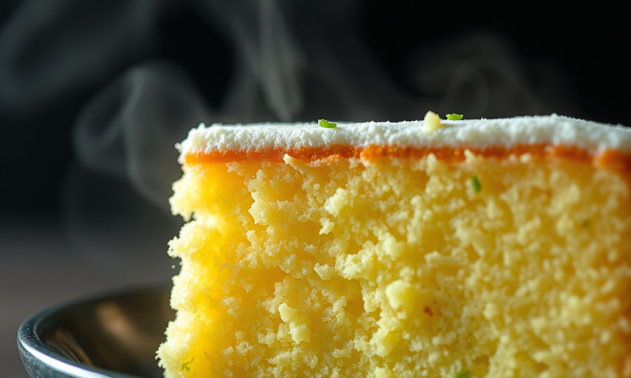 Bolo De Leite Condensado Com Limão: Fofinho E Cítrico Em 50 Min 6 Close-up da textura macia e úmida do bolo, com a casquinha de limão visível na massa.
