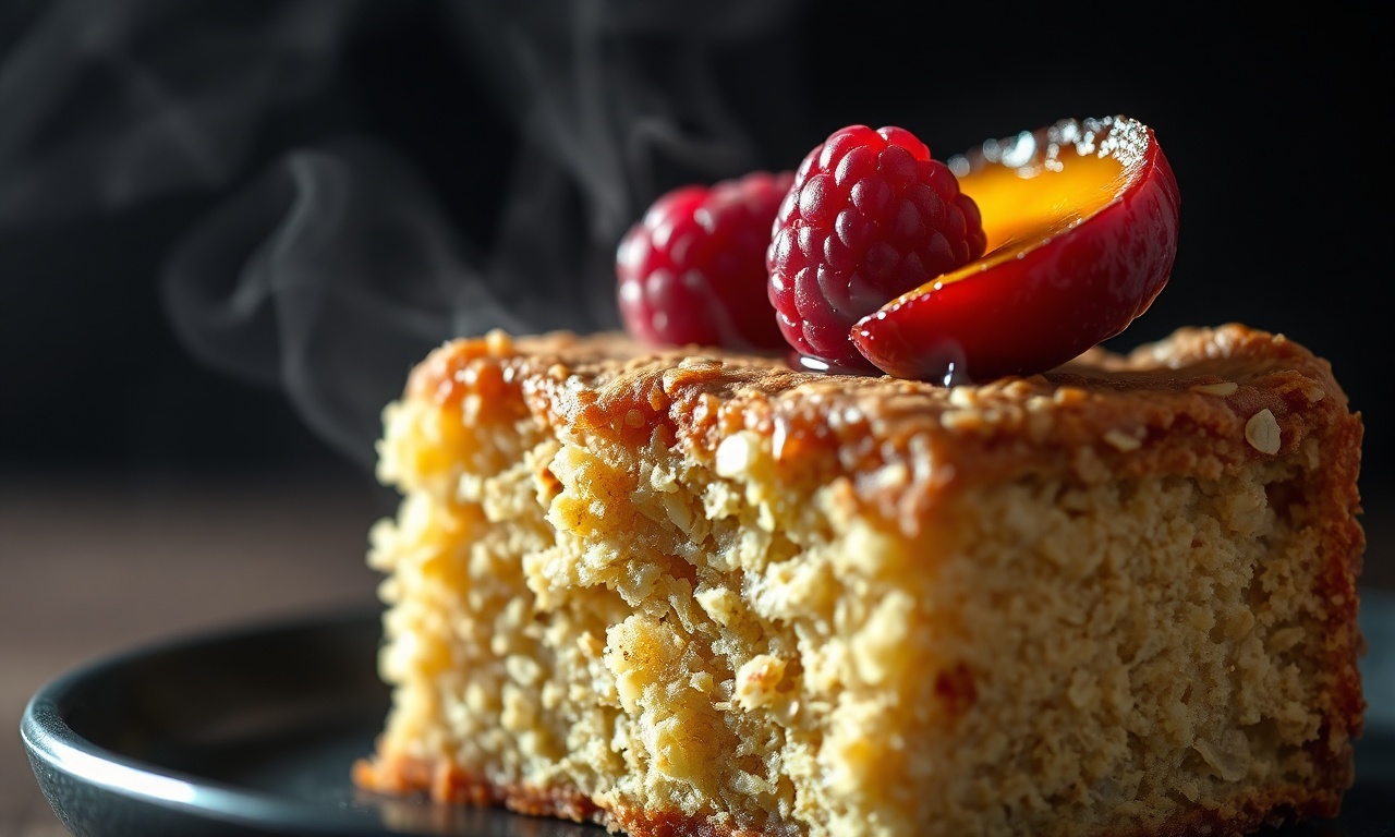 Bolo De Pêssego Fit Fofinho Com Framboesa E Iogurte 6 Close-up da textura macia do bolo com frutas caramelizadas.