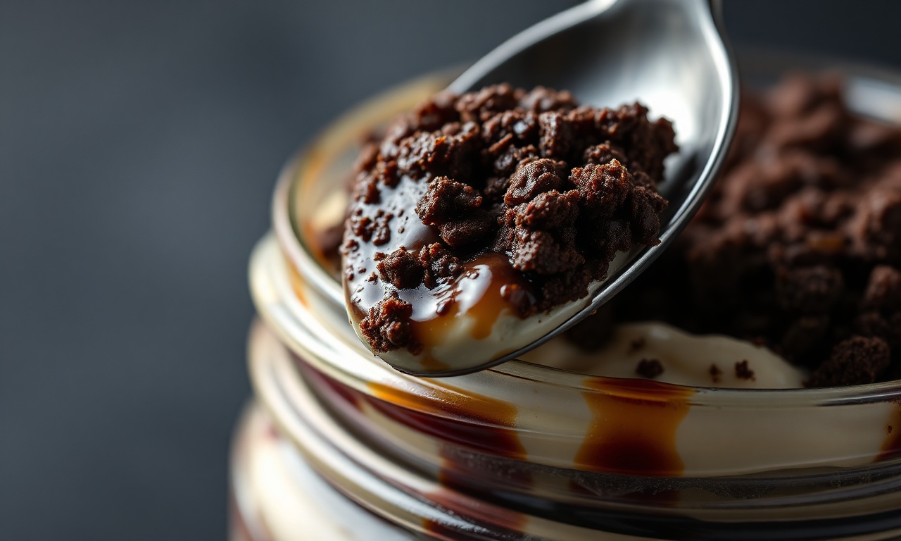 Bolo De Pote Saudável De Cacau Com Beijinho Sem Açúcar 5 Close-up da textura cremosa e das camadas do bolo