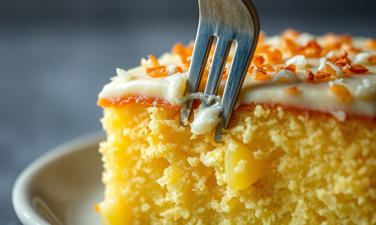 Bolo Gelado De Abacaxi E Coco: Fofinho E Refrescante 6 Close-up da textura úmida com pedaços de fruta e coco tostado.