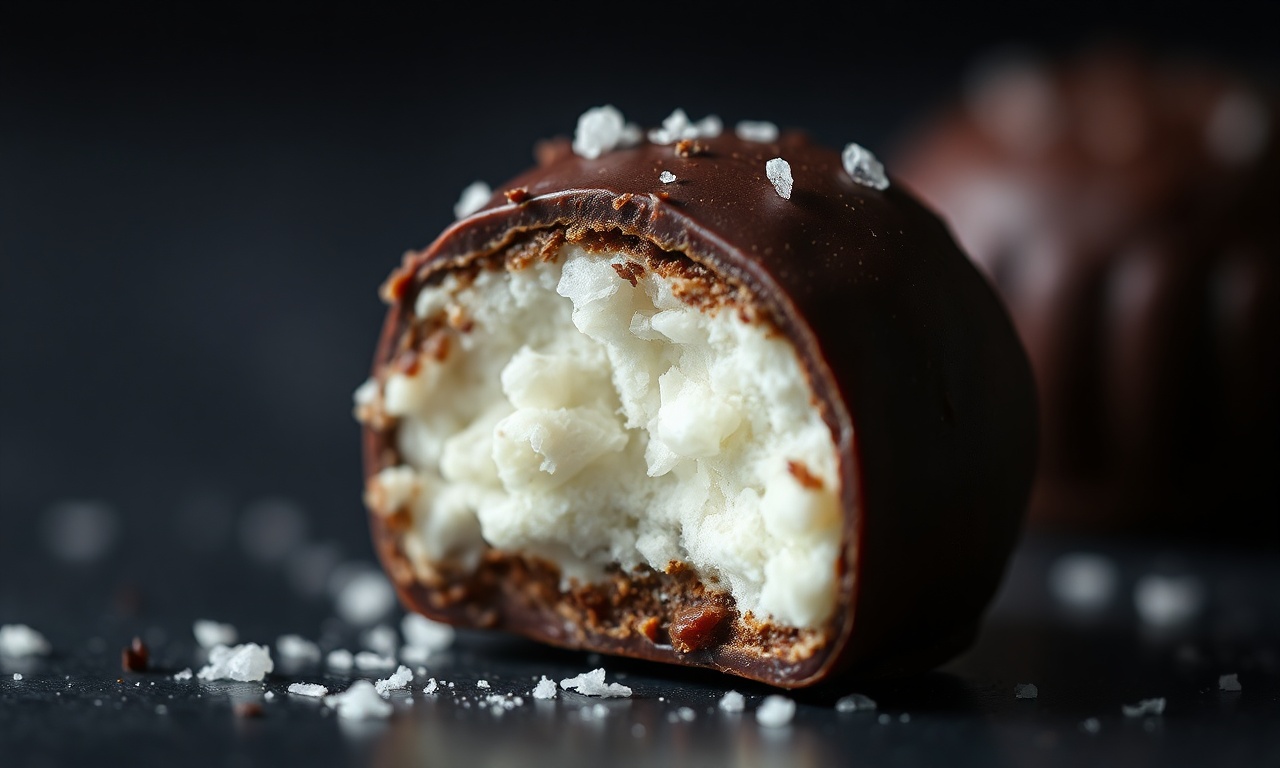 Close-up macro da crosta crocante de chocolate e do interior cremoso.