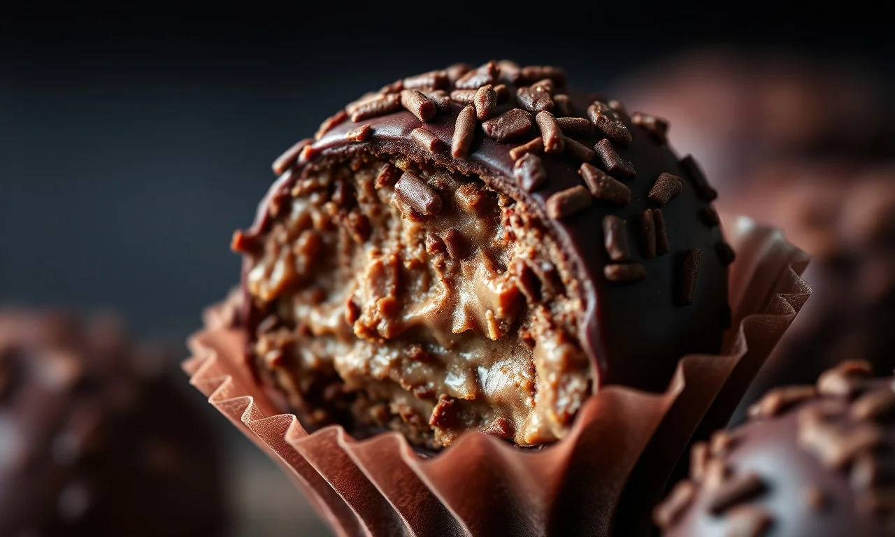 Brigadeiro Com Creme De Leite: Cremoso E Perfeito Para Enrolar 5 Close-up da textura macia e aveludada do brigadeiro ao ser mordido
