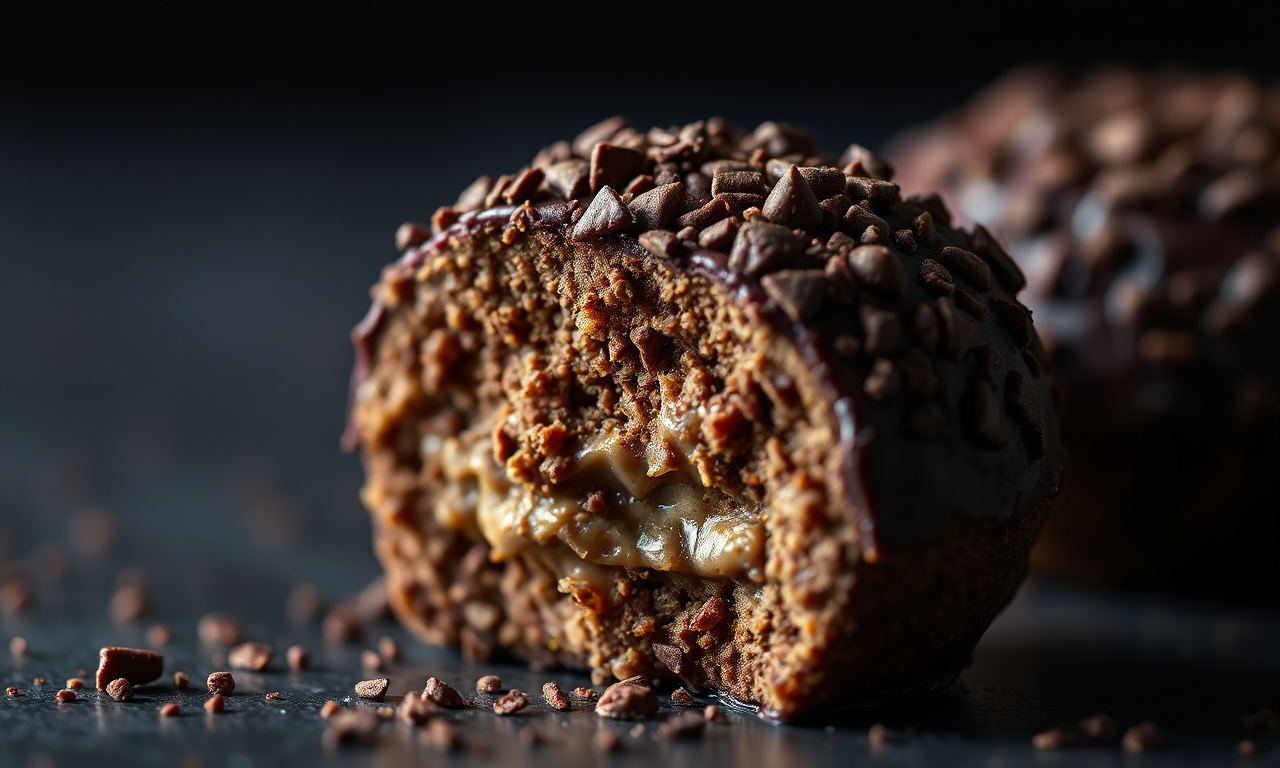 Close-up de um brigadeiro cortado ao meio, revelando a textura cremosa.