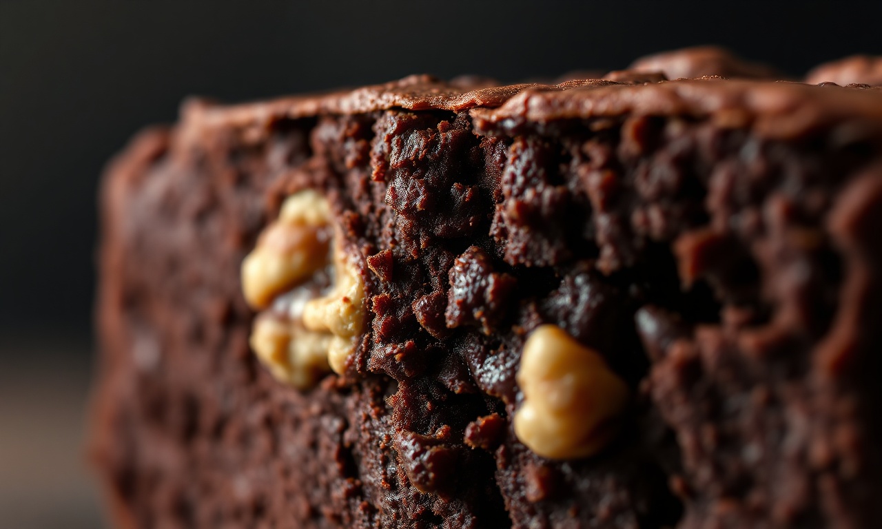 Close-up macro da textura interna cremosa e úmida do brownie, tipo brigadeiro, contrastando com a crosta.